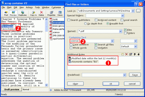find files dialog and sample PDF results