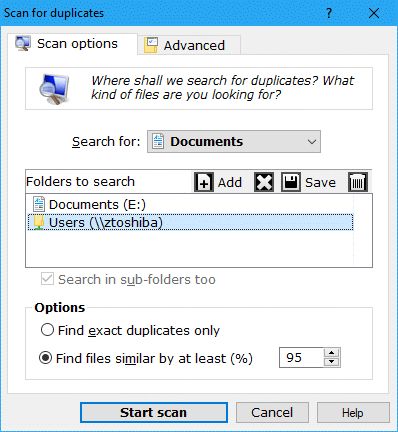 scan options dialog