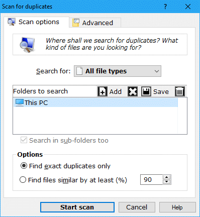 scan options dialog