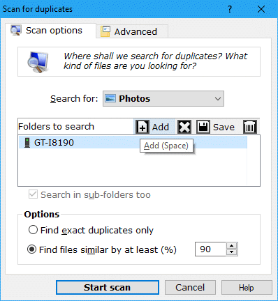 scan options dialog